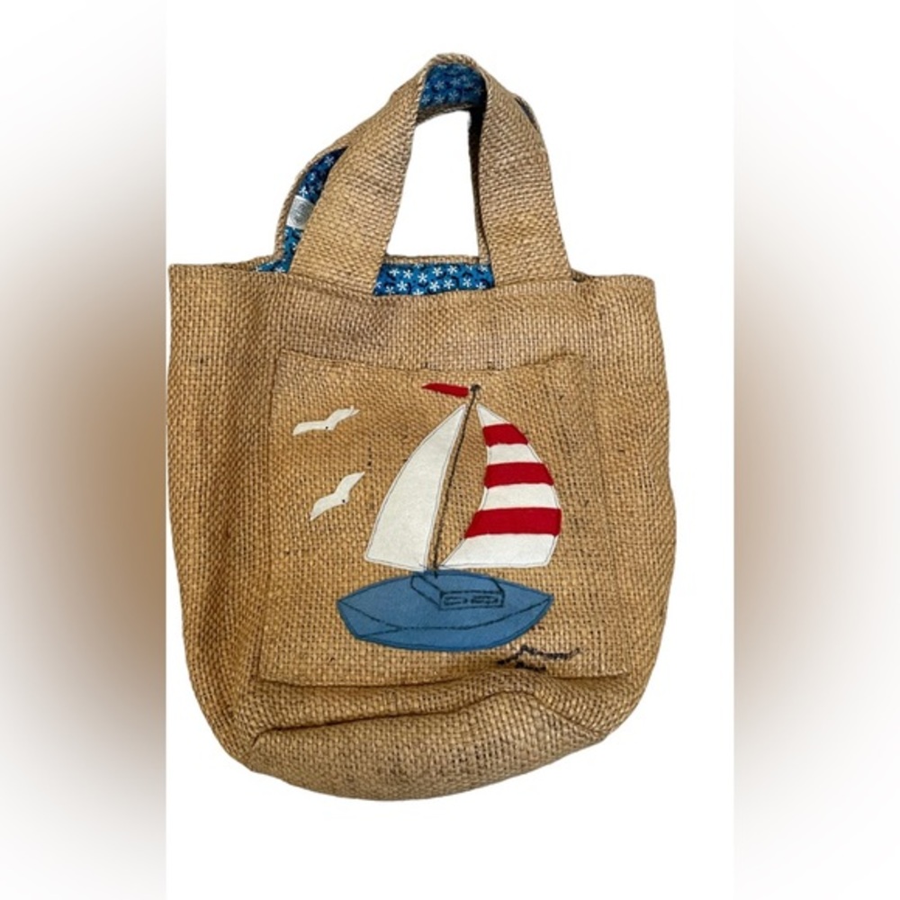 Vintage Squirrels’ Nest Burlap Tote / Purse with Sailboat Design - Picture 2 of 5